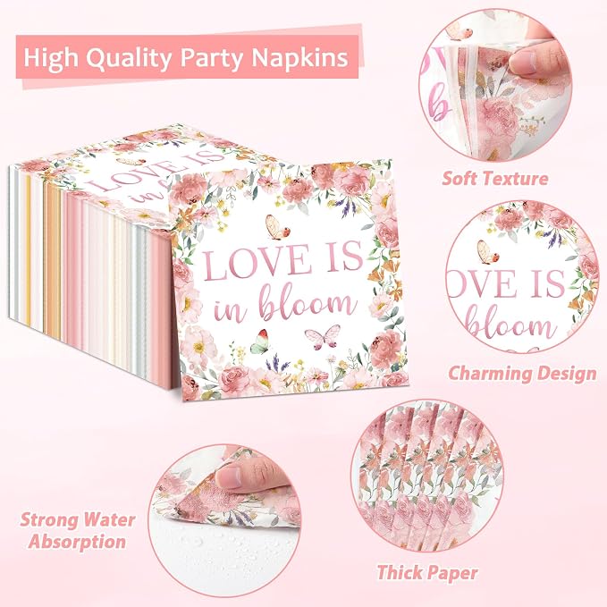 96 pcs Love Is In Bloom Bridal Shower Plates Napkins Sets Pink Floral Bridal Shower Party Supplies Love In Bloom Tableware Party Decoration for Engagement Wedding Decor Serves 24 Guests