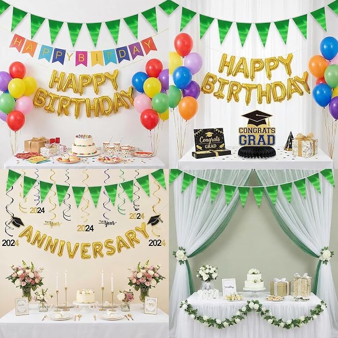 40M/130FT Green Triangle Pennant Banner Flag Metallic Fabric Bunting Garland for Christmas Graduation Safari Birthday Tropical Jungles Wedding Bachelorette Engagement Party Decoration Supplies