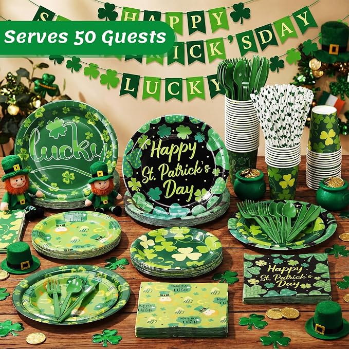 450 Pcs Happy St. Patrick's Day Tableware Set Decorations, Lucky Green Shamrock Paper Plates Clover Napkins Cups Cutlery Straws for Irish Festival St. Patrick's Day Party Supplies, Serves 50