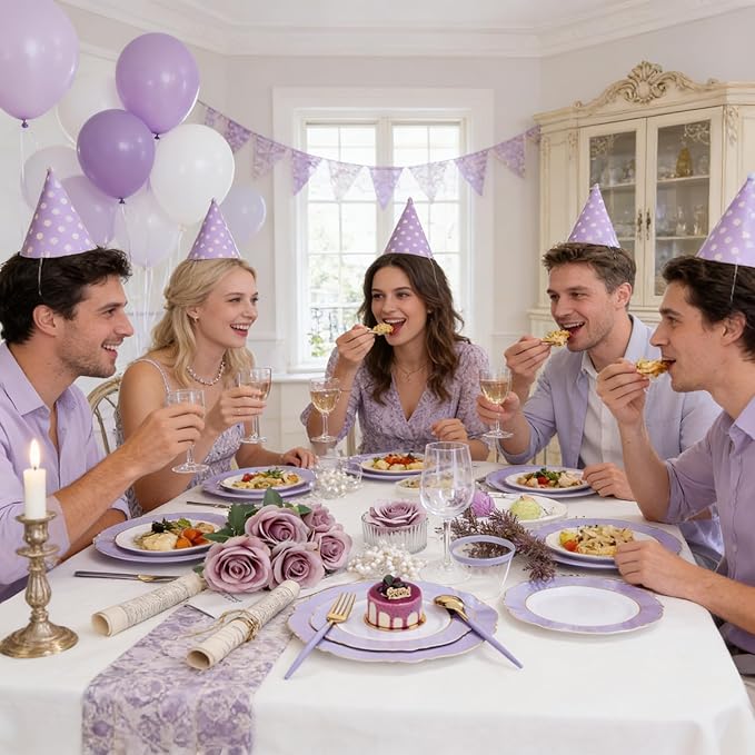 WDF 60pcs Purple Plates Disposable with Gold Rim - Baroque Light Purple Plastic Plates - Lavender Plates for Spring/Wedding/Birthday/Mother's Day