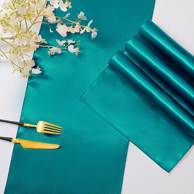 Horbaunal 12 Pack Teal Satin Table Runner 12 x 108 Inch, Smooth Table Runners for Wedding Banquets Birthday Party