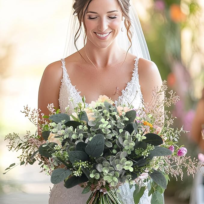 Janinka Mixed Eucalyptus Leaves Stems Bulk with White Seeds Artificial Silver Dollar Leaves Sprays Faux Oval for Wreath Garland Floral Bouquets Arrangement Wedding Greenery Decoration (10)
