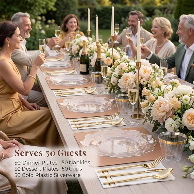 WDF 350Pcs Clear and Gold Plastic Plates - Heavy Duty Clear Plates Disposable - Gold Dinnerware Sets of 100 Plastic Plate 150Silverware 50 Cups 50 Napkins for Wedding Baby Shower Spring