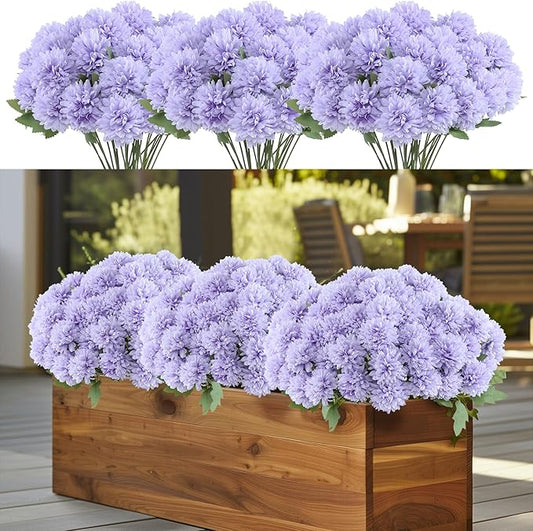 12 Bundle Artificial Mums Flowers for Outdoor Spring Decoration,Faux Ball Chrysanthemums Bouquet Fake Silk Flower for Vase Easter Table Floral Arrangement Wedding Home Decor (12, Purple)