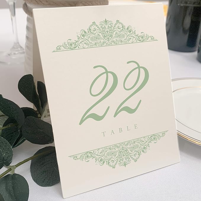 Paisley Wedding Table Numbers (Select Color/Quantity), Champagne, Sage, 1-10, Double Sided, Tent or Use in a Stand, Great for Parties & Restaurants - Made in the USA
