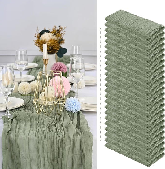 Showgeous 24 Pack Sage Green Cheesecloth Table Runner, 10FT Long Semi-Sheer Boho or Rustic Gauze Table Runner Wedding Table Decor for Wedding Arch Draping Bridal Shower Holiday Party St Patricks Day