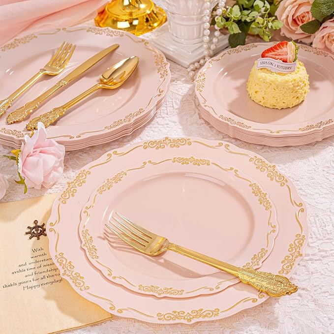 DaYammi 150Pcs Pink Plastic Plates with Gold Rimmed & Gold Silverware,Pink Disposable Plates for Party Include 30 Dinner Plate,30 Dessert Plate,30 Knives,30 Forks,30 Spoons for Mother's Day Party