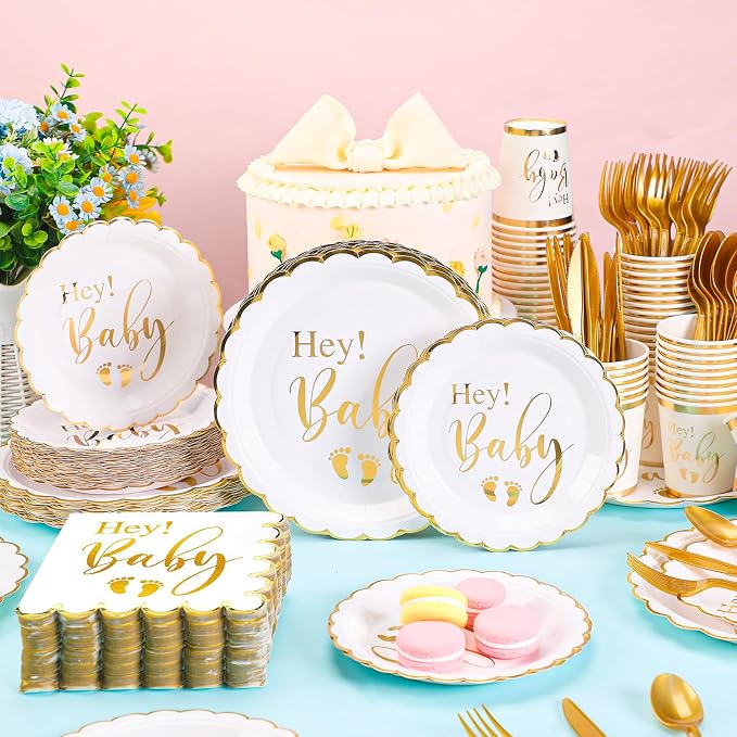 400 Pcs Baby Gender Reveal Plates and Cups and Napkins Sets with Forks Spoon Party Supplies Baby Shower Paper Tableware Gender Reveal Decorations Disposable Cutlery, Serves 50(Gold,Hey)