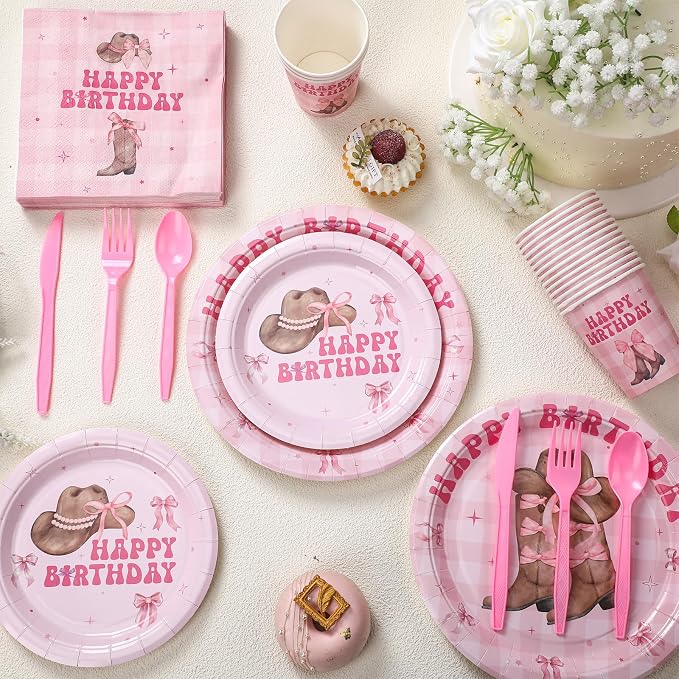Yungyan 252 Pcs Pink Bow Cowgirl Birthday Party Tableware Set Included Plates Napkins Cups Forks Knives Cutlery for Party Decorations Supplies 36 Guests