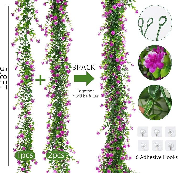 RECUTMS Hanging Garland Plants Artificial Flowers Fake Eucalyptus Greenery Garlands Leaf Garland with Flowers Hanging Faux Vine Plants for Spring Wedding Arch Backdrop Wall Decor 3 Pcs (Fuchsia)
