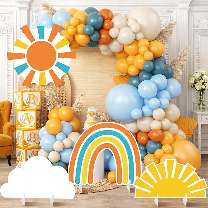 4 Pcs Here Comes the Son Baby Shower Decoration, Large Sun Cloud Rainbow Cardboard Cutouts Props, Retro Sunshine Themed Standups for Photo Booth & Boy First Birthday Decor
