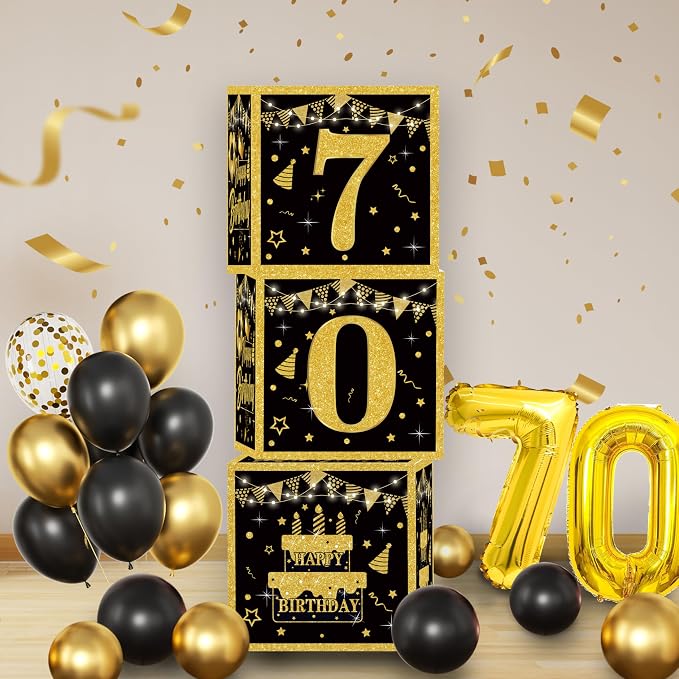 Gold 70th birthday decorations Kit for Men,3pcs birthday Decorations for Men boys black and gold Balloon Boxes Birthday Party Favors