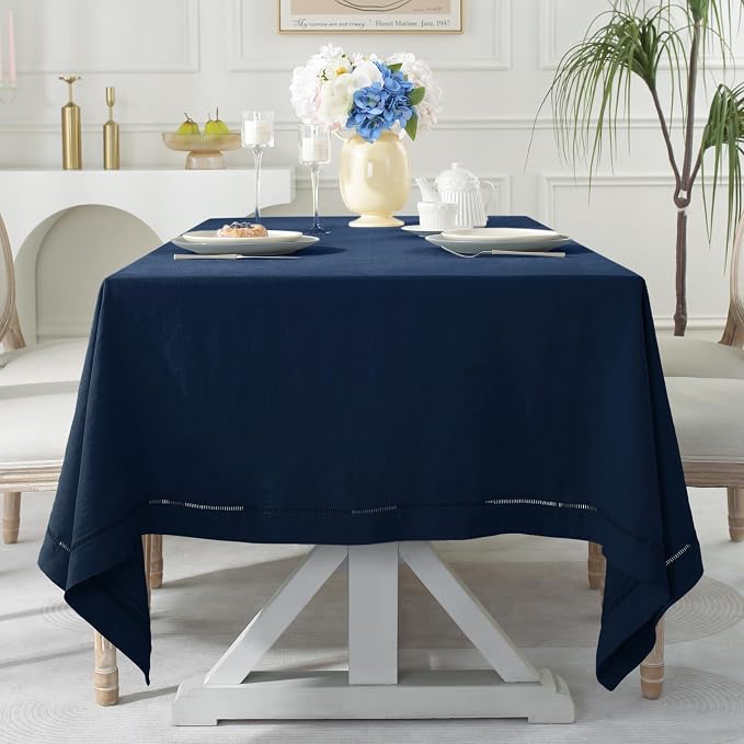 Linen World Hemstitch Linen Tablecloth,French Linen Navy Tablecloth 55" x 55" Inch,Washable Square Table Cloth for Dining,Outdoor,Weddings and Restaurants,Decorative Thanksgiving Christmas