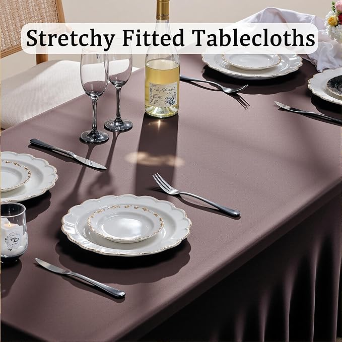 4 Pack Brown Spandex Tablecloths for 6 Foot Rectangle Tables, Wrinkle Free Stretchy Table Cloths 6ft Fitted Table Cover DeskSkirt for Weddings Birthday Party Banquet Baby Shower