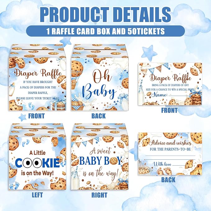 Teling 51 Pieces Diaper Raffle Tickets Box with Card Baby Shower Decorations Gender Reveal Holder Box for Girl Boy Diaper Raffle Party (A Little Cookie is on the Way)