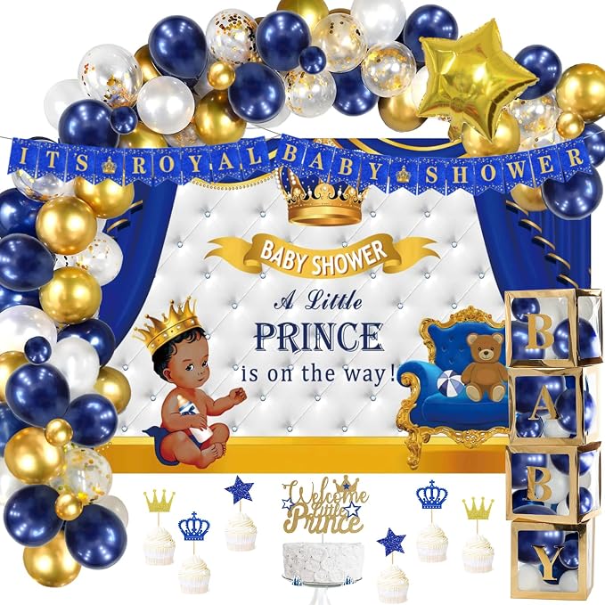 122 PCs Royal Prince Baby Shower Decorations for Boy, Fiesec A Little Prince Is On The Way Its Royal Baby Shower Backdrop Balloon Garland Banner Cake Cupcake Topper Crown Star Blue White Gold