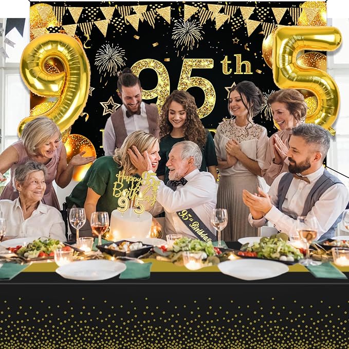 95th Birthday Party Decorations with 95th Birthday Banner, Black and Gold Table Cloth, Number Balloons, Large Sash, Cake Topper and Candles