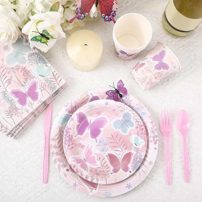 Ziliny 350 Pcs Butterfly Party Supplies Tableware Set Disposable 9'' 7'' Paper Plates 9 oz Cups Cutlery Napkins Dinnerware Set for 1st Birthday, Serve 50 (Butterfly, Purple, Pink)