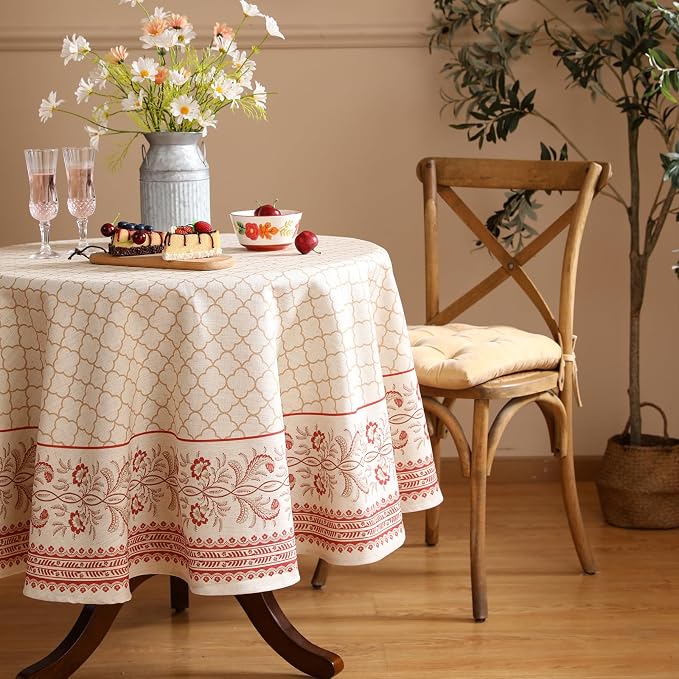 ISAENNE Designer Linen Round Tablecloth,Diameter 55"-Chamonix A | Vintage Elegant Plaid Print Beautiful Heavy Table Cloth,Chinoiserie,Dining Room,Tea Party,Kitchen,Thanksgiving,Decor
