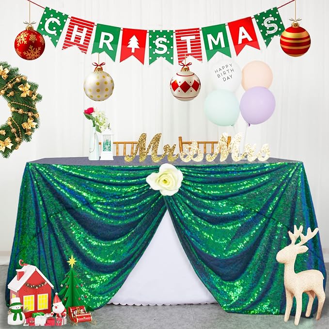 ShiDianYi Sequin Tablecloth Rectangle 50x72-Inch Iridescent Green Table Cloths for Parties Rectangular Table Cover Overlay Green Blue Sequin Fabric Linens Birthday/Baby Shower/Tea Party Decor