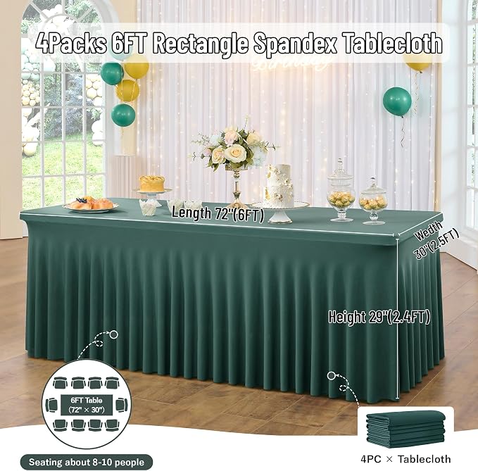 leegleri 4 Pack Hunter Green Spandex Table Clothes for 6 Foot Rectangle Tables, Wrinkle Free Fitted Table Cover 6ft Stretch Tablecloths with Skirt for Parties Weddings Birthday Banquet Baby Shower