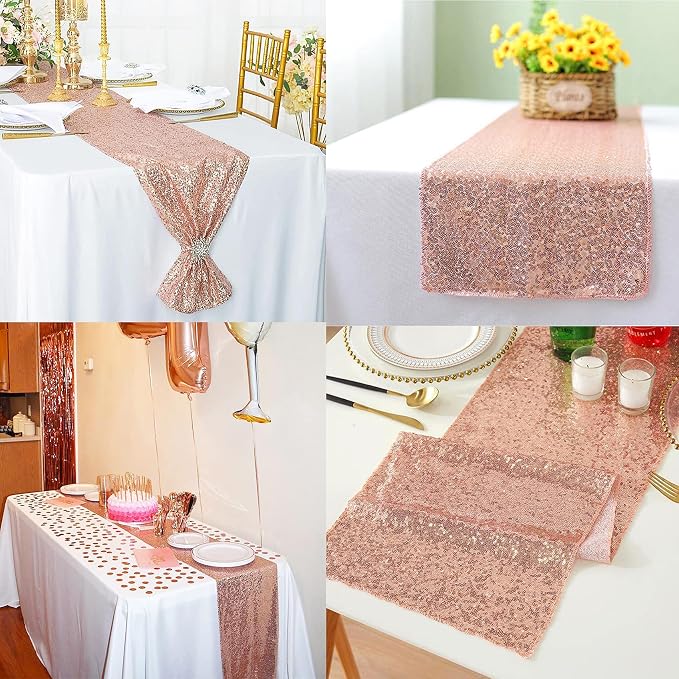 12 Packs 12 X 72 Inch Sequin Table Runner Glitter Dining Table Runner for Birthday Wedding Engagement Bridal Baby Shower Bachelorette Holiday Celebration Party Supplies Decorations (Rose Gold)