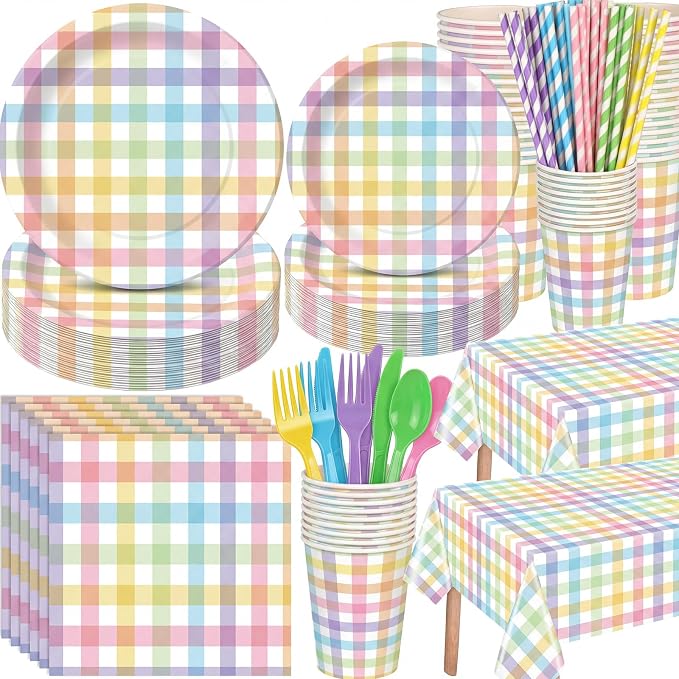 Funnymoom 452 Pcs Pastel Easter Party Decoration for 50, Spring Easter Paper Plates Napkins Cups Tablecloth Cutlery Straws Rainbow Pastel Gingham Plaid Tableware for Spring Birthday Party Supplies