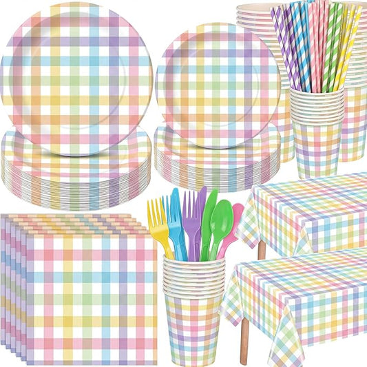 Funnymoom 452 Pcs Pastel Easter Party Decoration for 50, Spring Easter Paper Plates Napkins Cups Tablecloth Cutlery Straws Rainbow Pastel Gingham Plaid Tableware for Spring Birthday Party Supplies