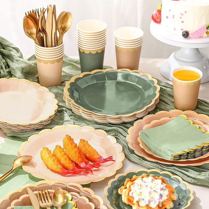Mimorou 169 Pcs Sage Green and Brown Plates and Napkins Party Supplies for Guests Woodland Baby Shower Tableware Include Scalloped Plates Paper Napkin Cup Spoon Fork Knife for Wedding, Birthday