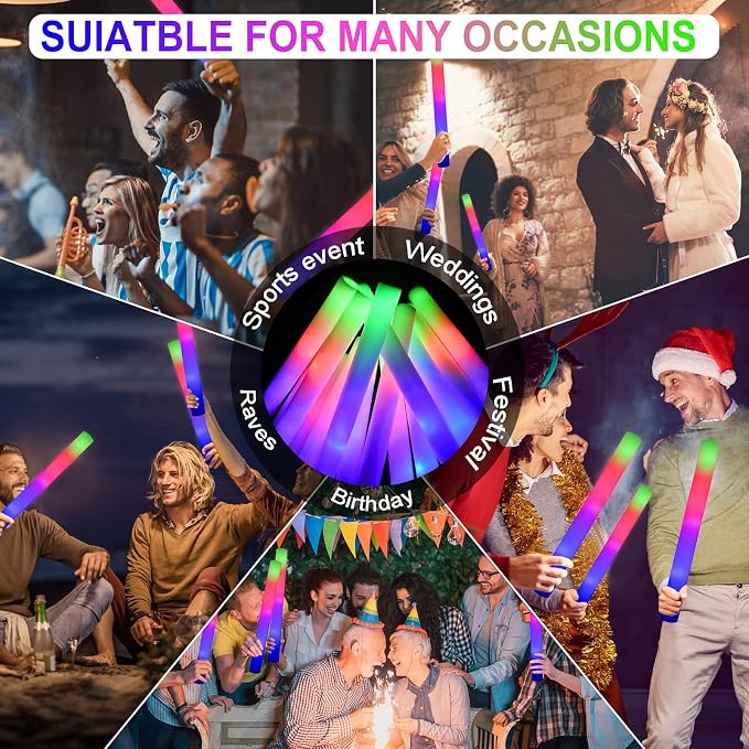 LifBetter 58Pcs Foam Glow Sticks Bulk,Led Glow Sticks with 3 Modes Colorful Flashing,Long Life Battery Glow In The Dark Party Supplies for Weddings,Parties,Festivals,Sporting Events