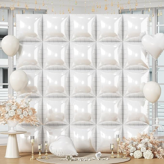 White Square Foil Balloons Wall, 25PCS Double Sided Pearl White Balloons Backdrop Wall Tunnel Arch Kit Background Decorations for Girl Women Birthday Wedding Baby Shower Bridal Engagement Heaven Party