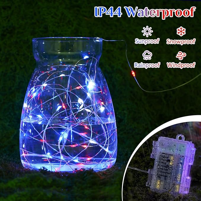 QITONG 2 Pack Fairy Lights Battery Operated, Each 33ft 100LED 4th of July String Lights Outdoor, 8 Modes Silver Wire Twinkle Mini Lights for Patriotic Independence Memorial Decor(Red White and Blue)