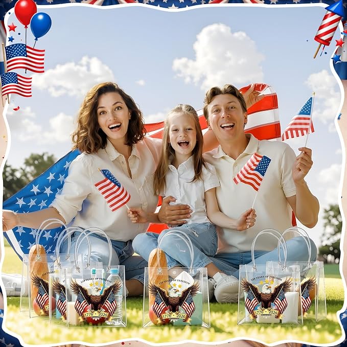 Teenyyou 24 Pcs 250th Anniversary Clear Gift Bags with Handles 4th of July Patriotic USA Eagle Transparent Tote Bags Memorial Day Goodie Candy Treat Gift Container for Independence Day Party Supplies