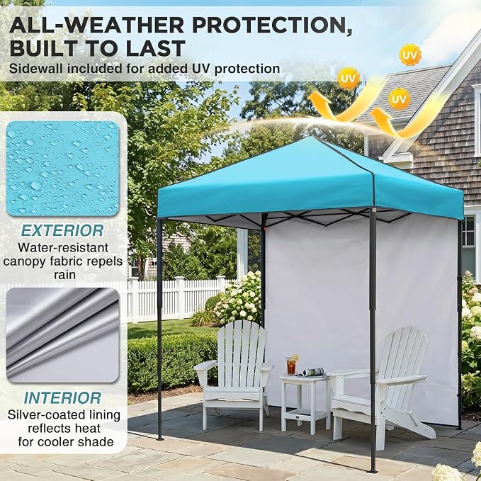 EAGLE PEAK 6x4 Instant Pop Up Canopy Tent with 1 Side Wall Panel, Straight Leg Sun Shelter, Portable Canopy with Carry Bag for Camping, Beach & Sports, Light Blue