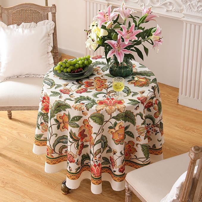 patdrea Vintage French Linen Tablecloth,Round,Diameter 55"-Santiago A | Elegant Print Table Cloth for Round Table,Colorful Floral Patterned,for Dining Room Tea Party Vender Banquet