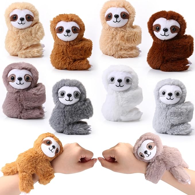 Liliful 8 Pack Kids Plush Gifts Stuffed Animal Cat Slap Bracelets - 8 Inch Back to School Prize Box Toys Wrist Cute Snap Birthday Rewards for Boys Girls Child Pet Adoption Party Favors(Sloths)