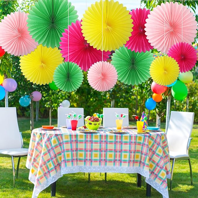 MotiMind 24 Pcs Hawaiian Party Decorations Hanging Paper Fans Flowers for Luau Flamingo Birthday Party Classroom Pink Green Rose Red Yellow Background Ceiling Wall Decor Wedding Baby Bridal Shower