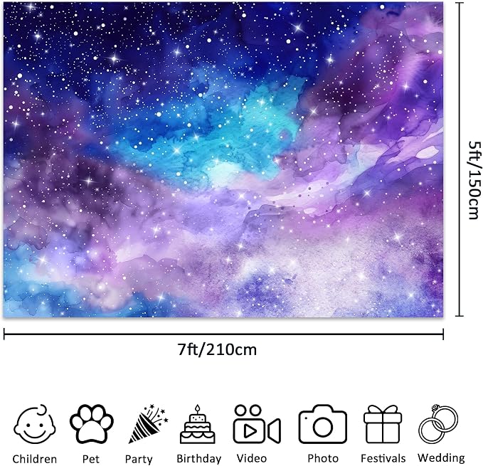 Starry Sky Backdrop Watercolor Romantic Outer Space Galaxy Universe Planet Night Star Deep Purple Blue Photography Background Decoration for Kids Birthday Fabric Photo Shoot Studio Props