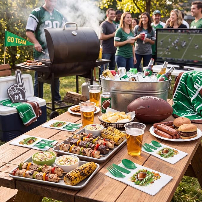 LemonRoad 50 Sets Football Party Plastic Silverware Pre-folded Cutlery Serves 50 Includes Forks Knives Spoons Paper Napkin Disposable Football Tableware for Tailgate Party Sports Gathering Game Day