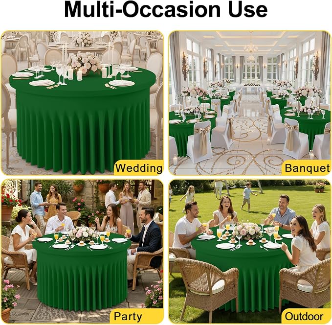 Smiry Round Spandex Tablecloth 2 Pack, Elastic Fitted Washable Tablecloths for 72 Round Tables, Waterpoof Stretch Table Cover Skirt for Outdoor, Wedding, Banquet & Parties, Emerald Green