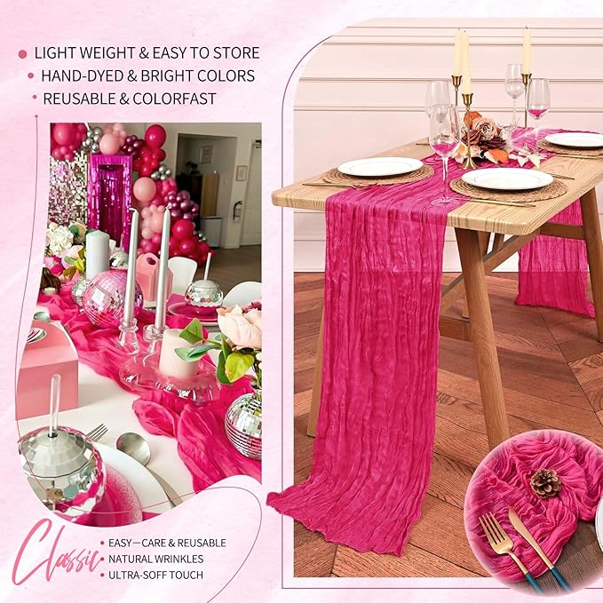 2 Pack Cheesecloth Table Runner 10FT Hot Pink Table Runner Boho Gauze Cheese Cloth Table Runners Long Rustic Sheer Table Decorations for Wedding Party Baby Bridal Shower Birthday Holiday Home