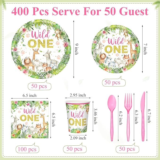 Funnymoom 400 Pcs Wild One Birthday Party Supplies for 50 Guests 1st First Safari Jungle Baby Shower Disposable Plate Napkin Cup Spoon Fork Knives for Girls Animal Party Decoration