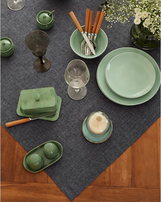 Solino Home Linen Square Tablecloth 52 x 52 Inch - 100% Pure Linen Charcoal Grey Table Throw - Athena, Machine Washable Tablecloth for Summer