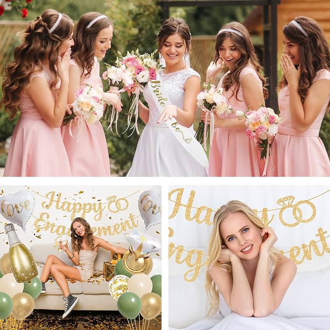 Trgowaul Green Gold Engagement Party Decorations, Happy Engagement Banner Backdrop, Bride&Groom Sash for Bridal Shower, Ring Foil Balloon, Just Engaged Cake Topper Wedding Shower Decor