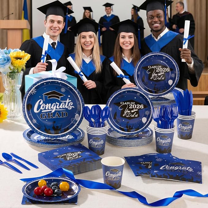Goodluck Blue 2026 Congrats Grad Disposable Paper Tableware Sets, 175PCS Graduation Party Supplies Includes 9" & 7" Disposable Graduation Paper Plates, 9oz Cups, Napkins & Cutlery for 25 Guests