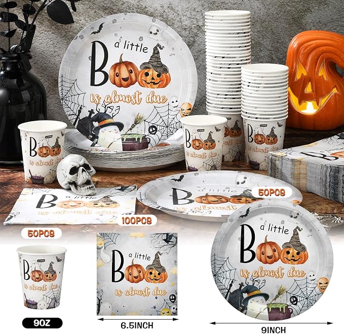 Hushee 200 Pcs Halloween a Little Boo Is Almost Due Baby Shower Paper Plates Napkins Cups Baby Shower Party Supplies Tableware Set Disposable Cup Napkin for 50 Guest Party Decoration