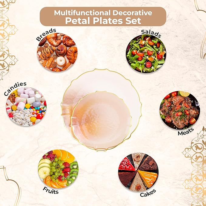 Exquisite Tinted Plates - 40 Piece Plastic Disposable Party Set for 20 Guests - 20 X 7.5 Dessert & 20 X 10 Thin Delicate Fancy Plates - Coral Peach with Gold Rim