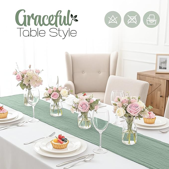 12 Pack Sage Green Cheesecloth Table Runners 10FT Long – 35 x 120 Inch Boho Gauze Table Runners for Engagement, Wedding, Baby Shower & Home Decor – Soft Wrinkled Polyester Fabric