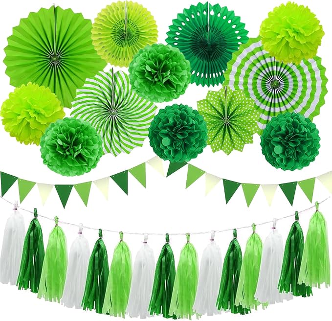 Green Party Decorations Set Birthday Paper Fan Tissue Pom Poms Streamers Theme Party Supplies Tassel Garland Banner Dinosaur Parties Arbor Day