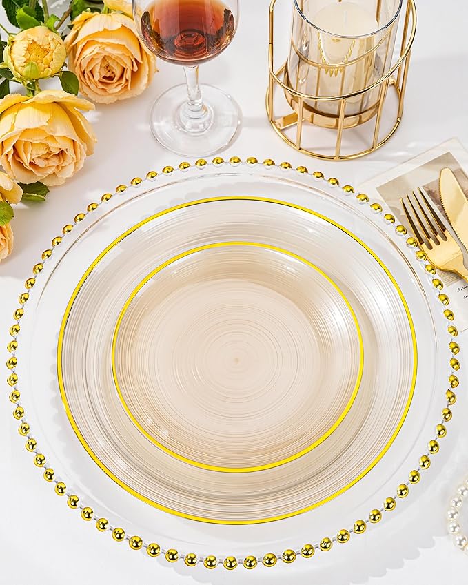 Morejoy 350PCS Clear Brown Plastic Plates - Disposable Gold Party Plates & Pre Rolled Napkins with Cutlery for 50 Guests, 100Plates, 150Silverware, 50Cups, 50Napkin for Party & Christmas